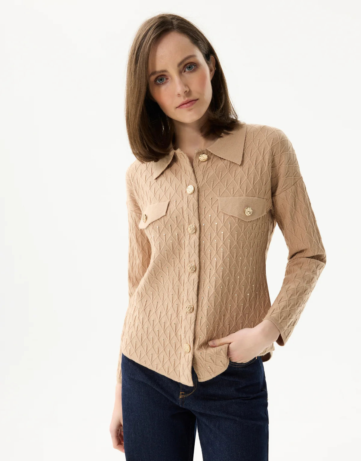 Cardigan texturé à boutons dorés CHLOE - beige