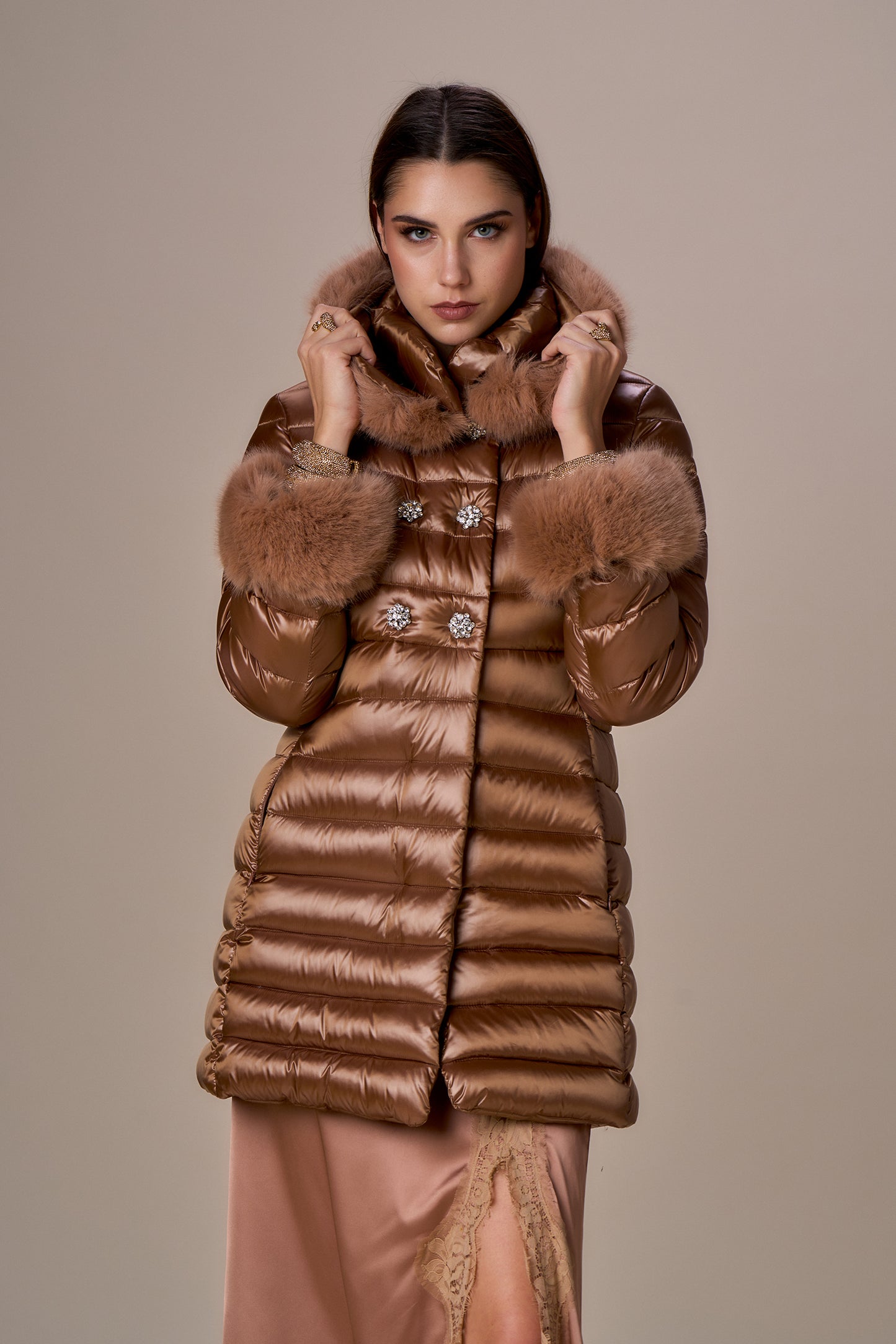 Doudoune longue à double boutonnage strass CLARA - caramel