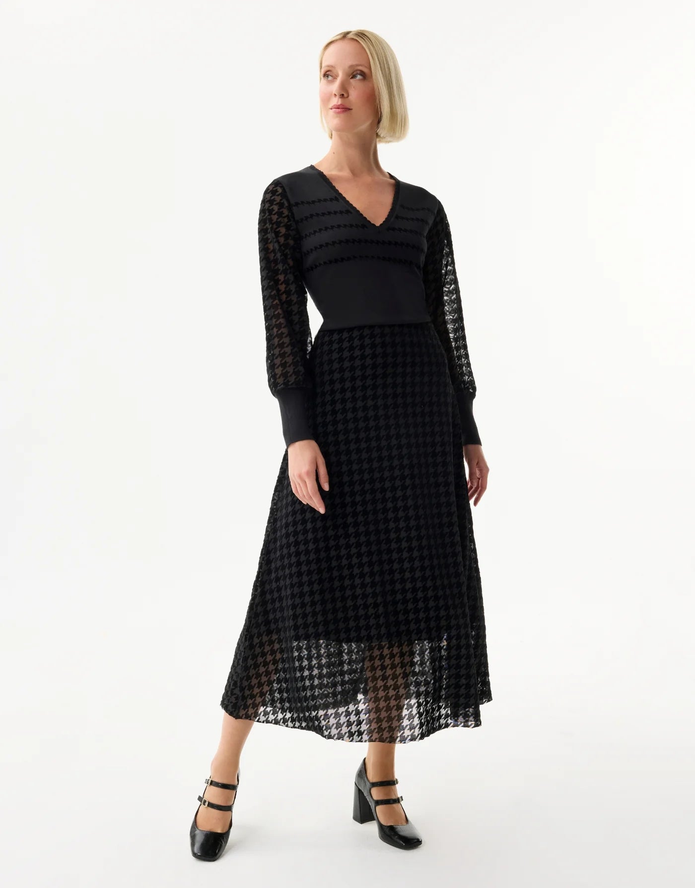 Pull manches voile motif pied-de-poule MAUREEN - noir