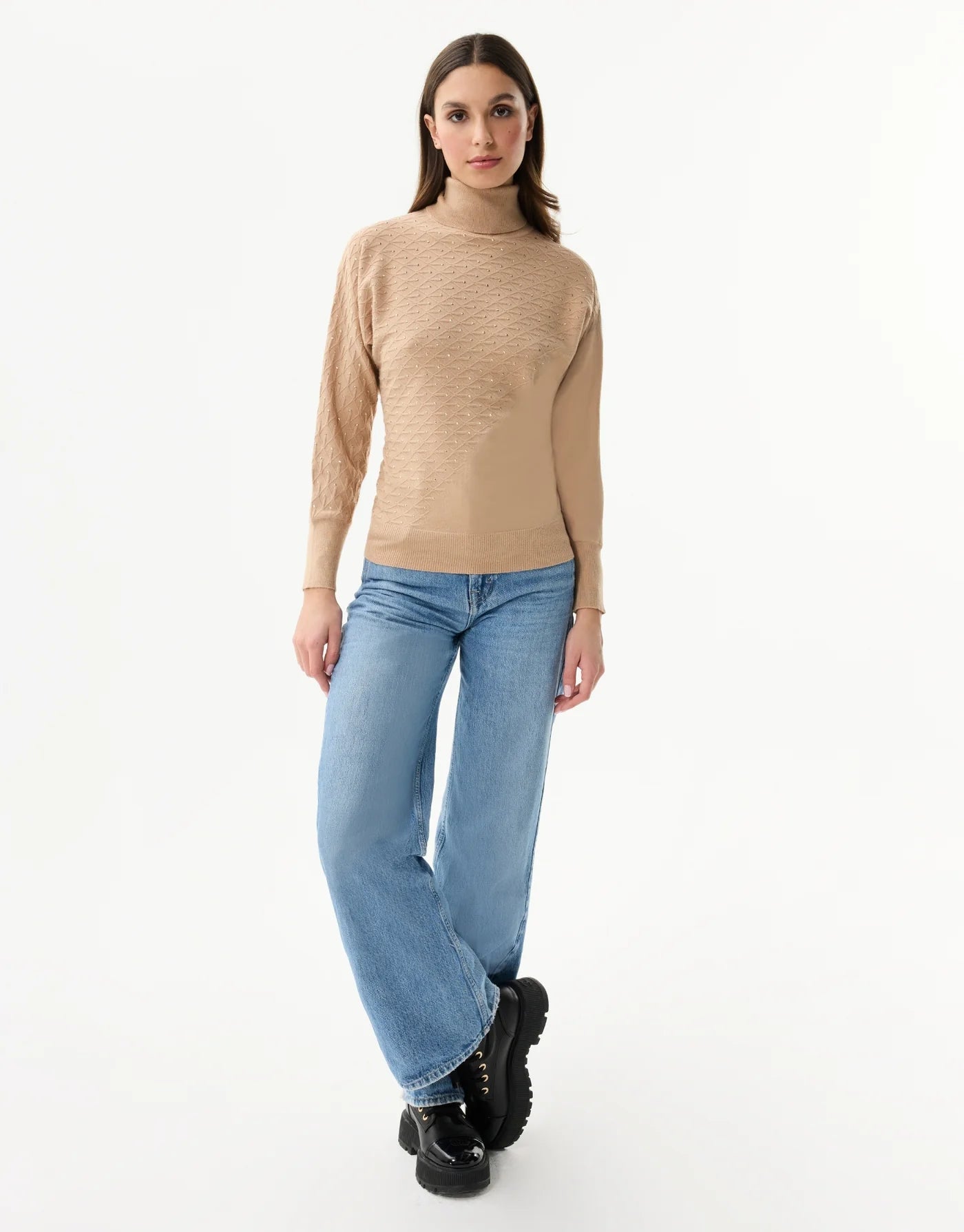 Pull col roulé en maille strass MILA - beige