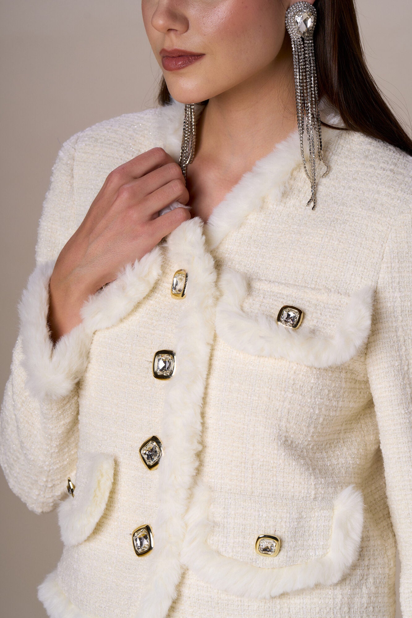 Veste à bouclettes profilés en fausse fourrure BIANCA - écru