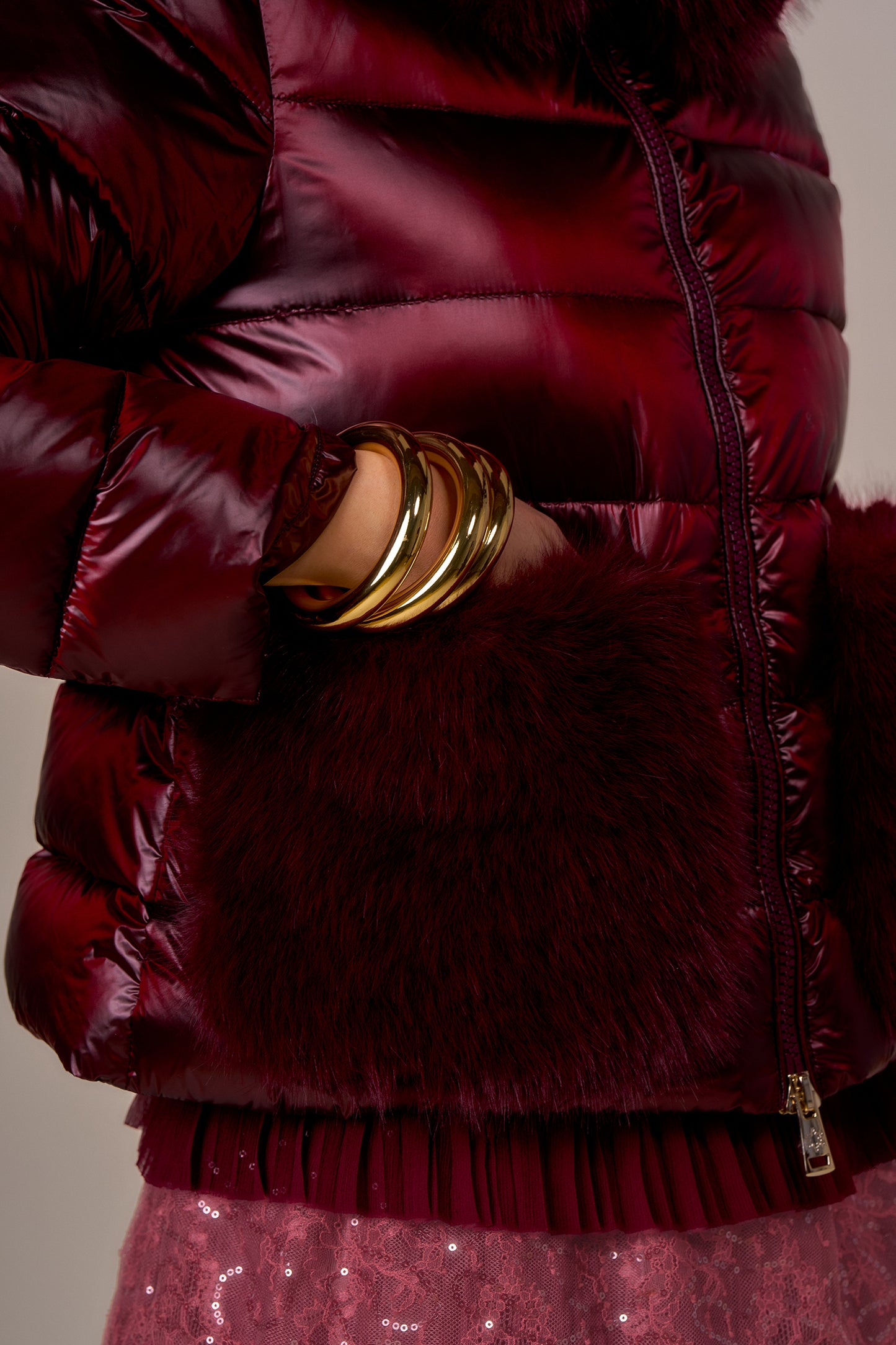 Doudoune poches en fausse fourrure ALMA - cerise