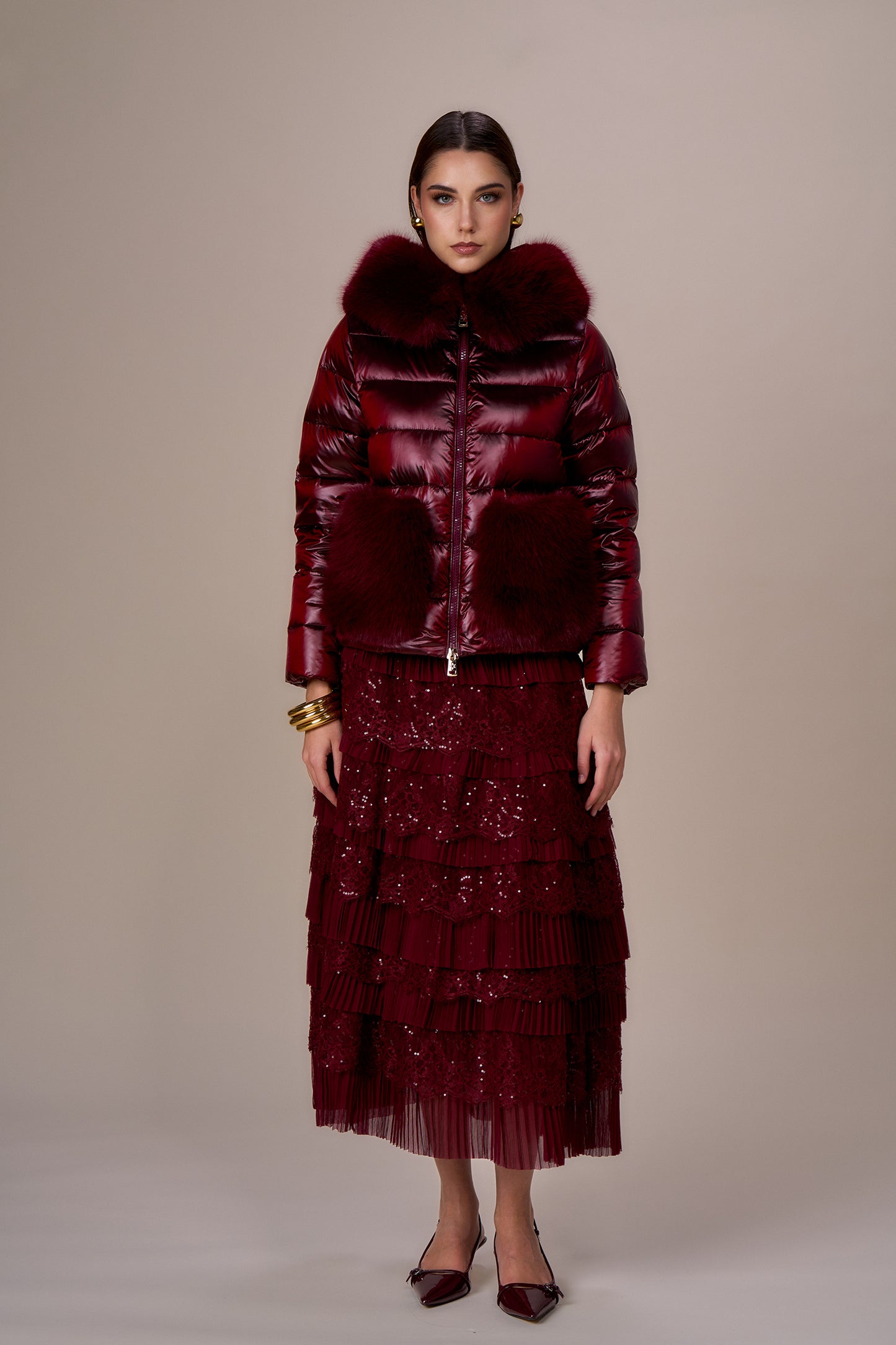 Doudoune poches en fausse fourrure ALMA - cerise
