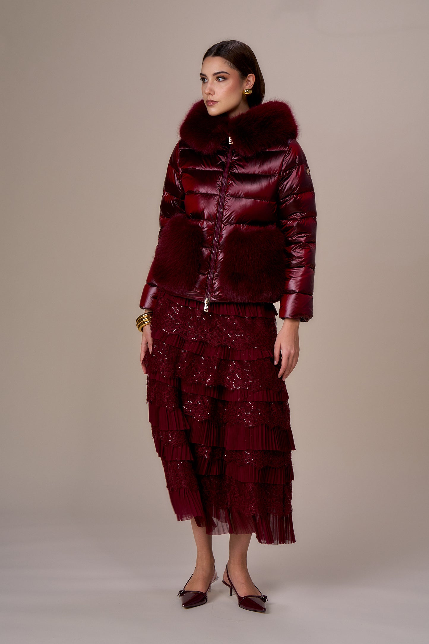 Doudoune poches en fausse fourrure ALMA - cerise