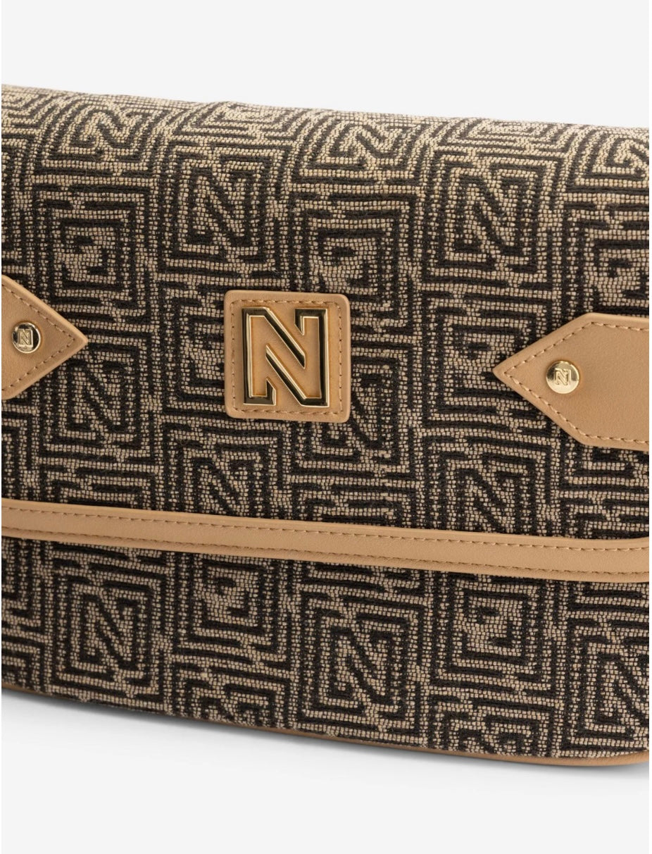 Sac bandoulière bimatière avec motif logo HALE - marron et beige