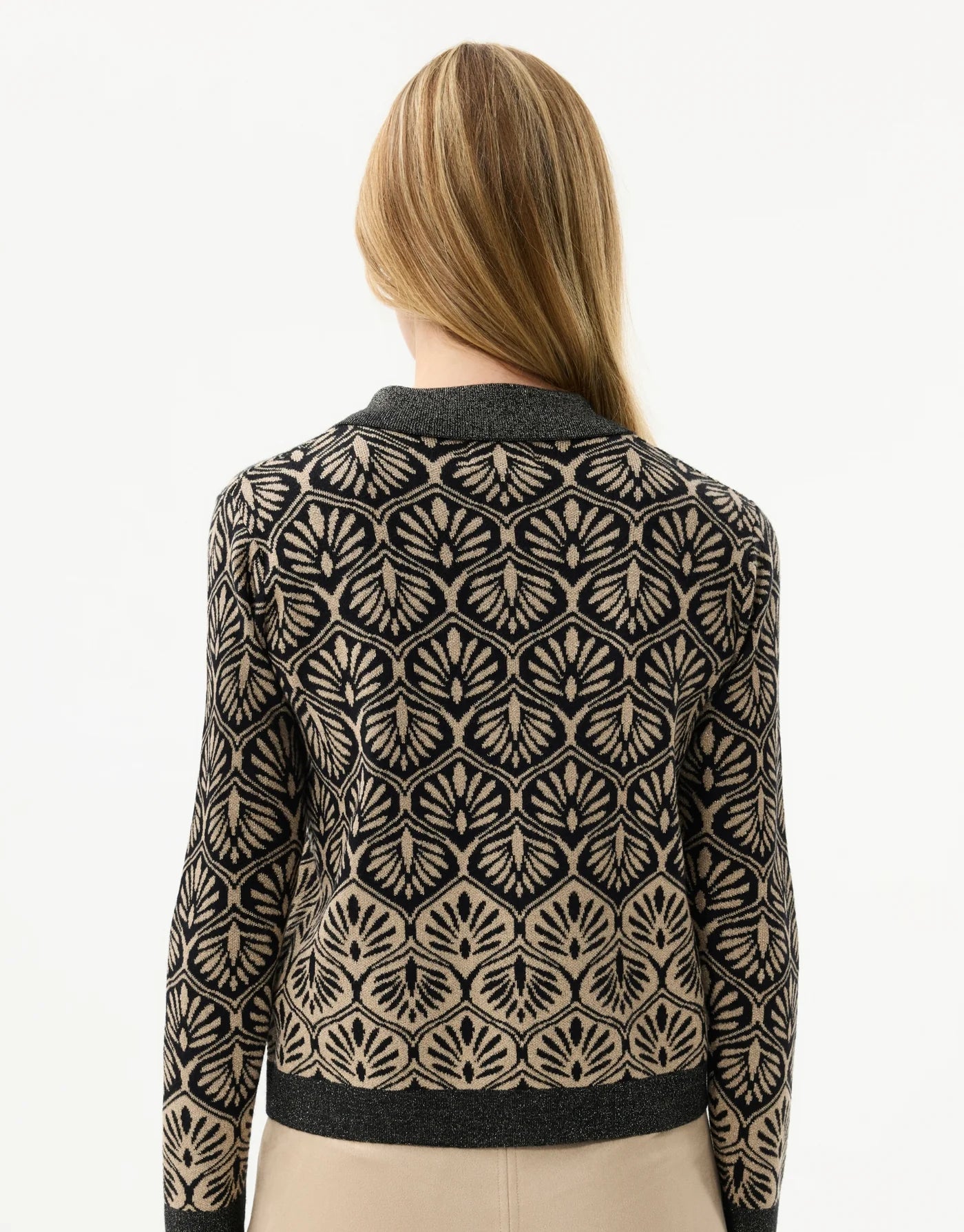 Cardigan jacquard ÉLODIE - motifs géométriques noirs dorés