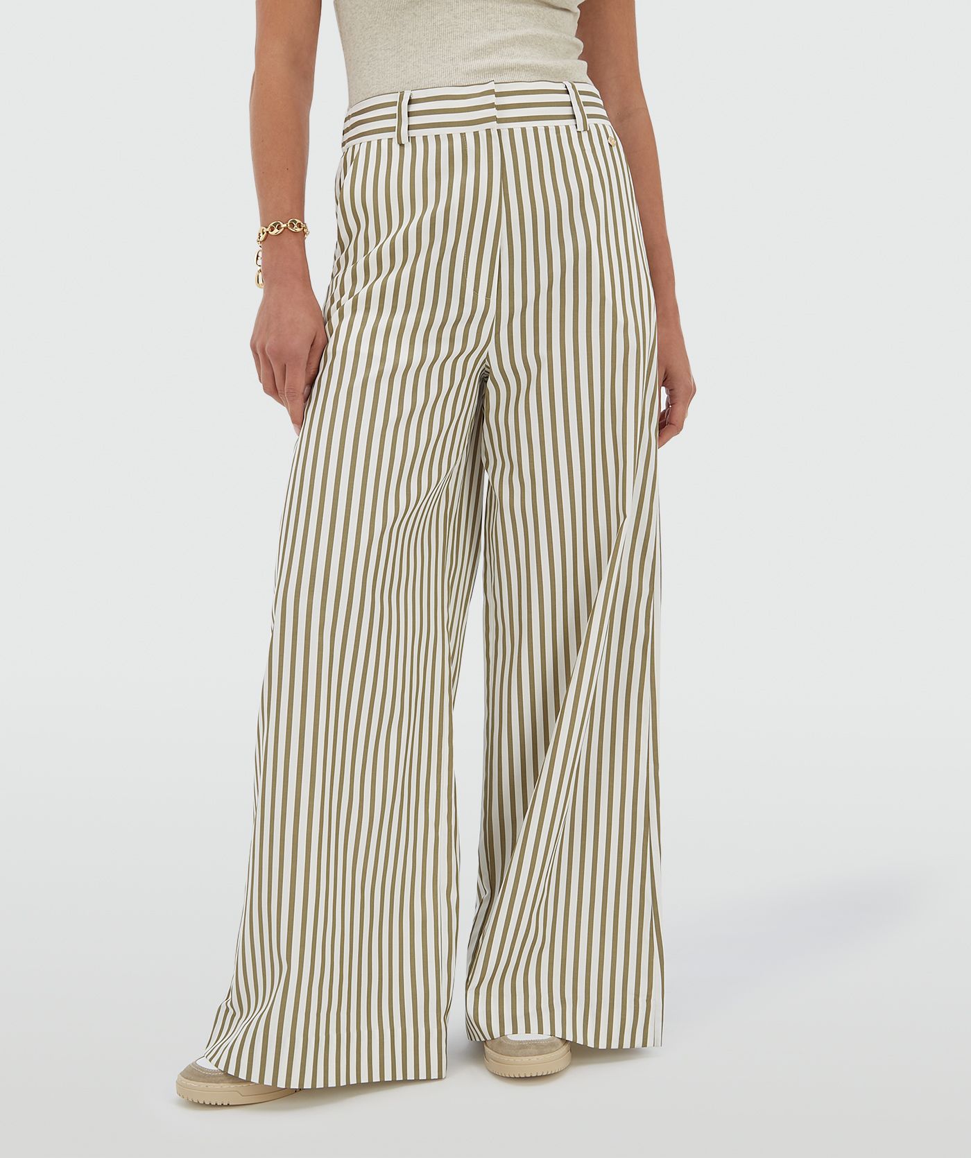 Pantalon taille mi-haute à jambes larges ODESSA - pistache foncé et écru clair