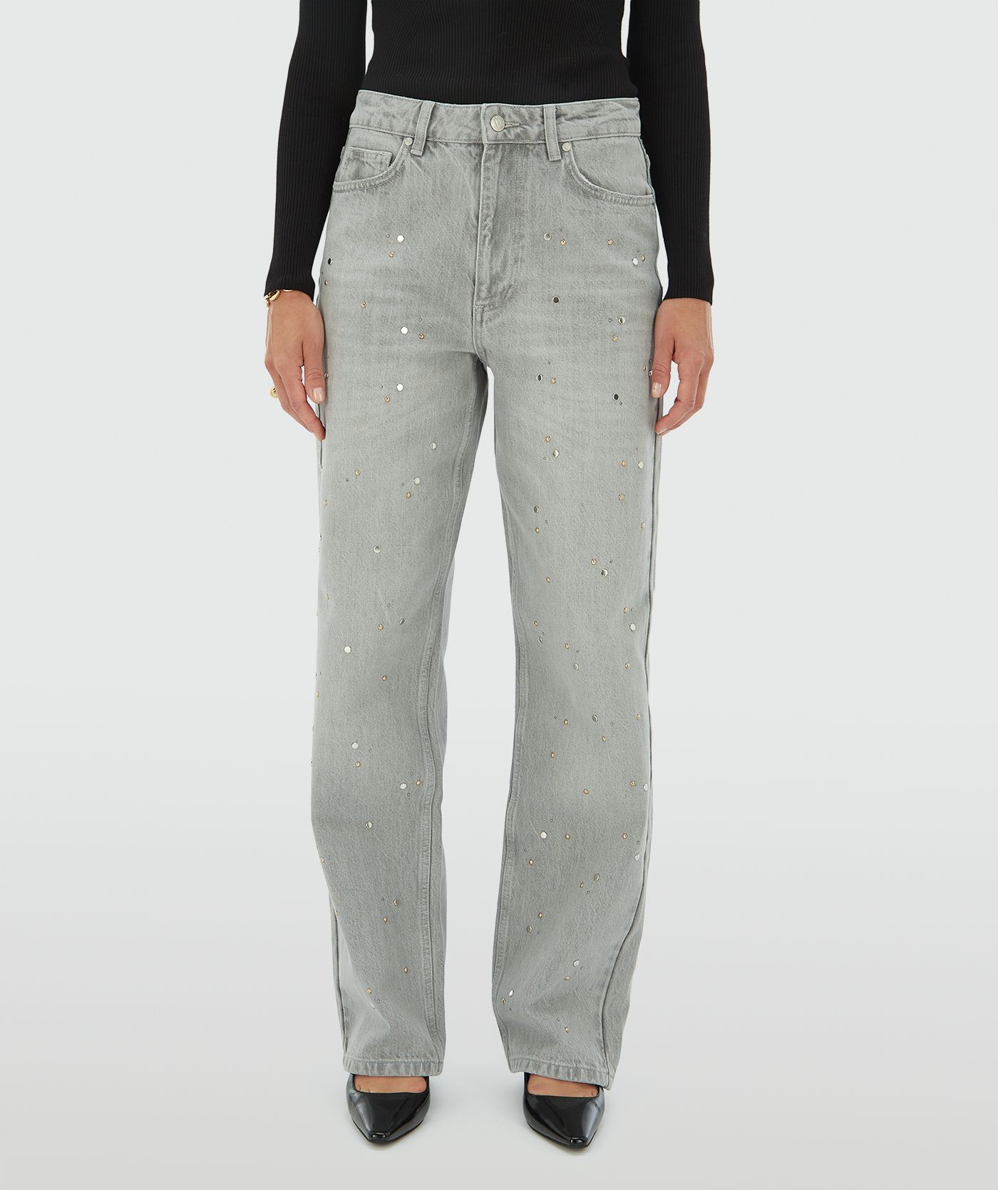 Jean taille mi-haute avec clous PHEBE - denim gris