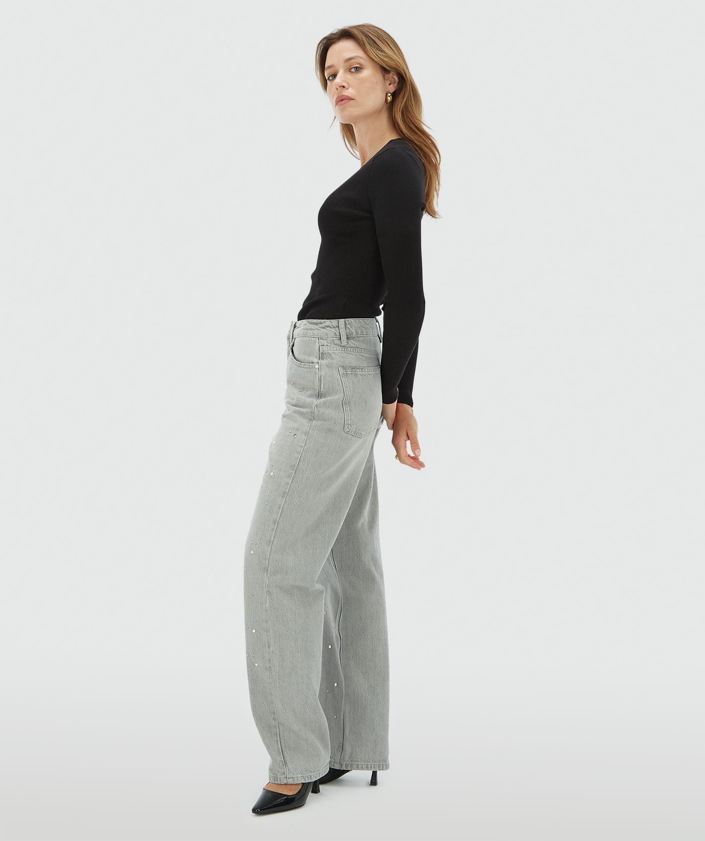 Jean taille mi-haute avec clous PHEBE - denim gris