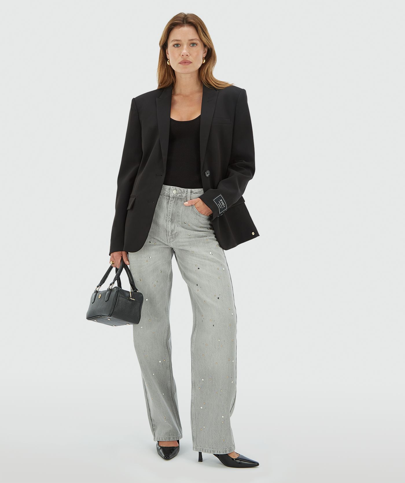 Jean taille mi-haute avec clous PHEBE - denim gris
