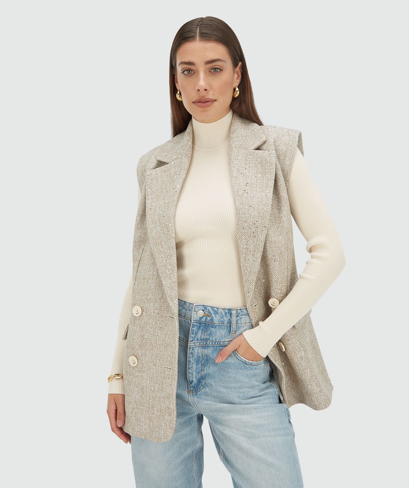 Gilet blazer à paillettes YARA - marron clair chiné
