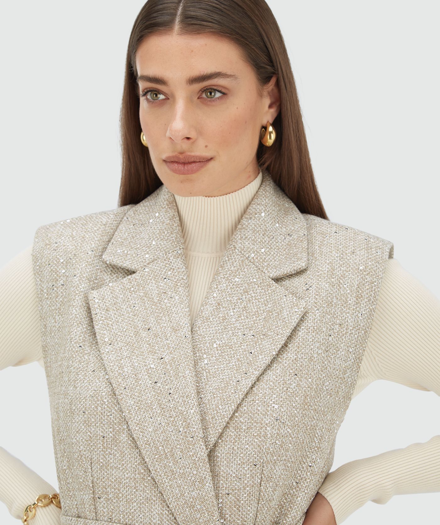 Gilet blazer à paillettes YARA - marron clair chiné