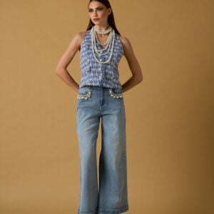 Gilet sans manche bouclette avec perles ELIZABETH - bleu