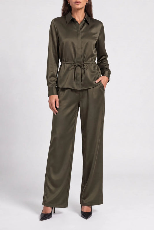 Pantalon large jambe avec aspect satin POMELINE - Vert forêt