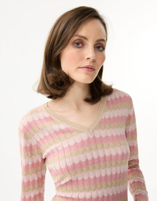 Pull col V rayures LARA - rose