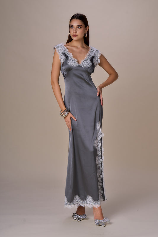Robe en satin dentelle contrastée ELISE - gris blanc