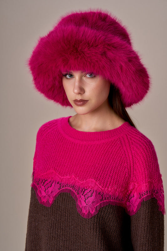 Pull bicolore avec dentelle CAMÉLIA - chocolat fuchsia