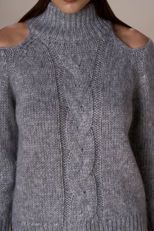 Pull col roulé épaules dénudées lurex CLARA - gris