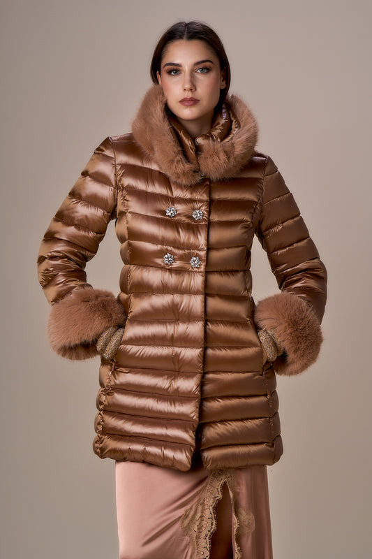 Doudoune longue à double boutonnage strass CLARA - caramel