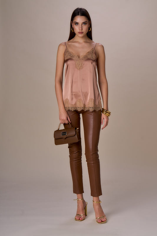 Top satin dentelle MAÉ - caramel