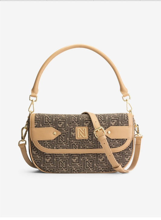 Sac bandoulière bimatière avec motif logo HALE - marron et beige
