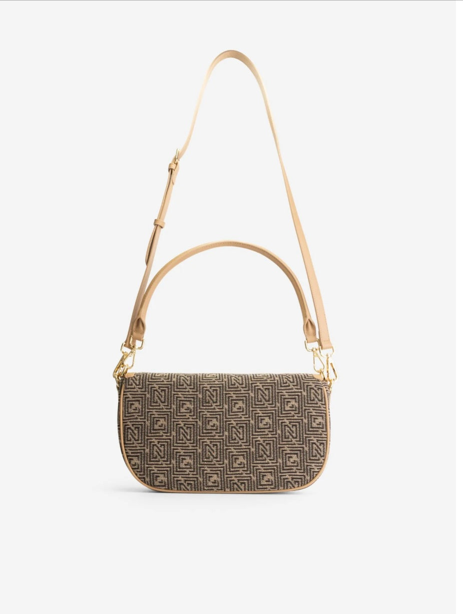 Sac bandoulière bimatière avec motif logo HALE - marron et beige