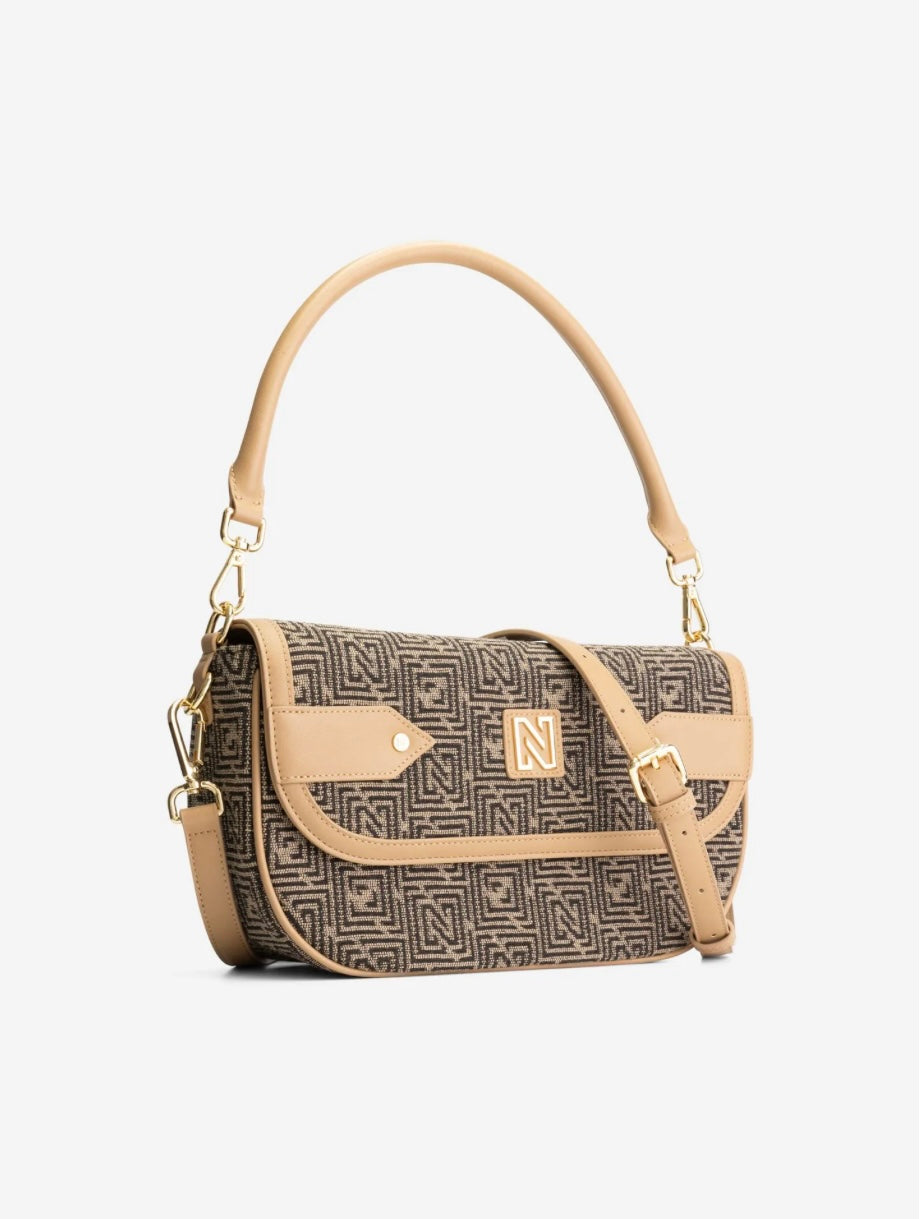 Sac bandoulière bimatière avec motif logo HALE - marron et beige