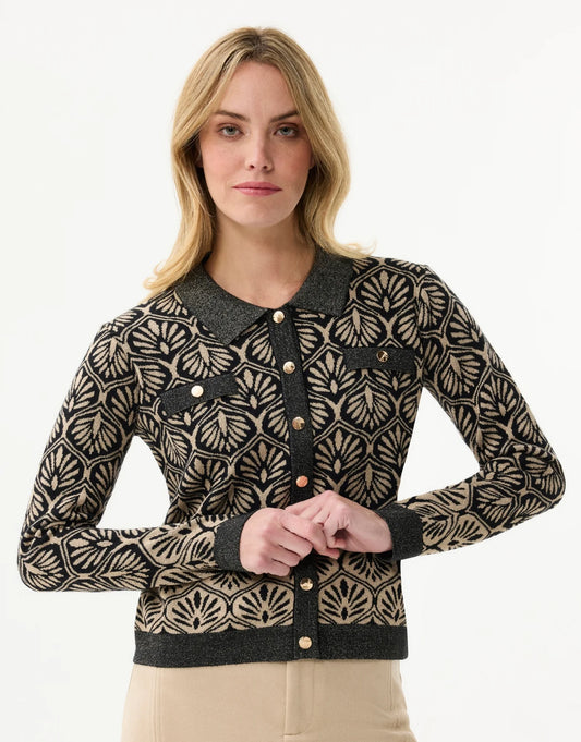 Cardigan jacquard ÉLODIE - motifs géométriques noirs dorés