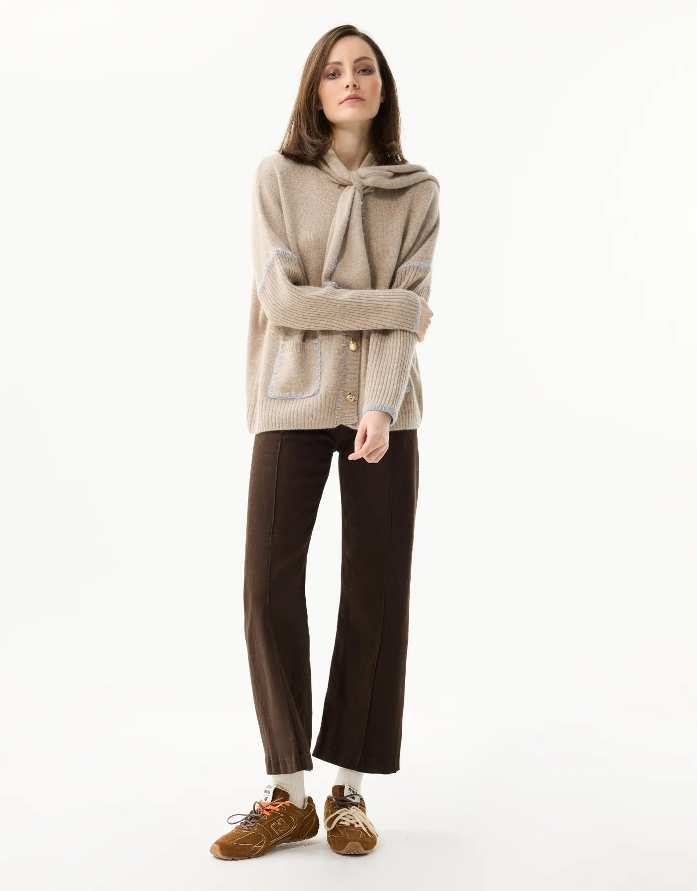 Cardigan beige à surpiqûres contrastées DORY - beige bleue