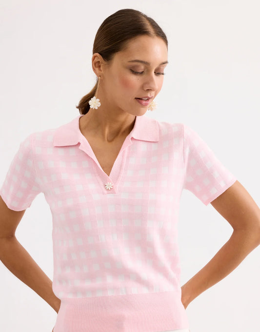 Pull polo maille vichy CLAIRE - blanc rose