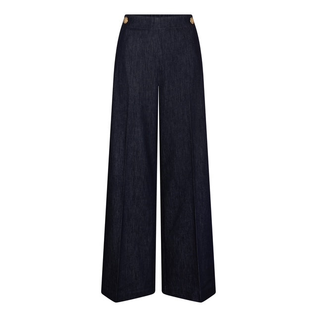 Pantalon taille haute jambe large INDRA- chambray bleu foncé