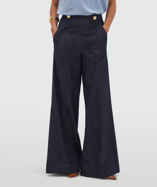 Pantalon taille haute jambe large INDRA- chambray bleu foncé
