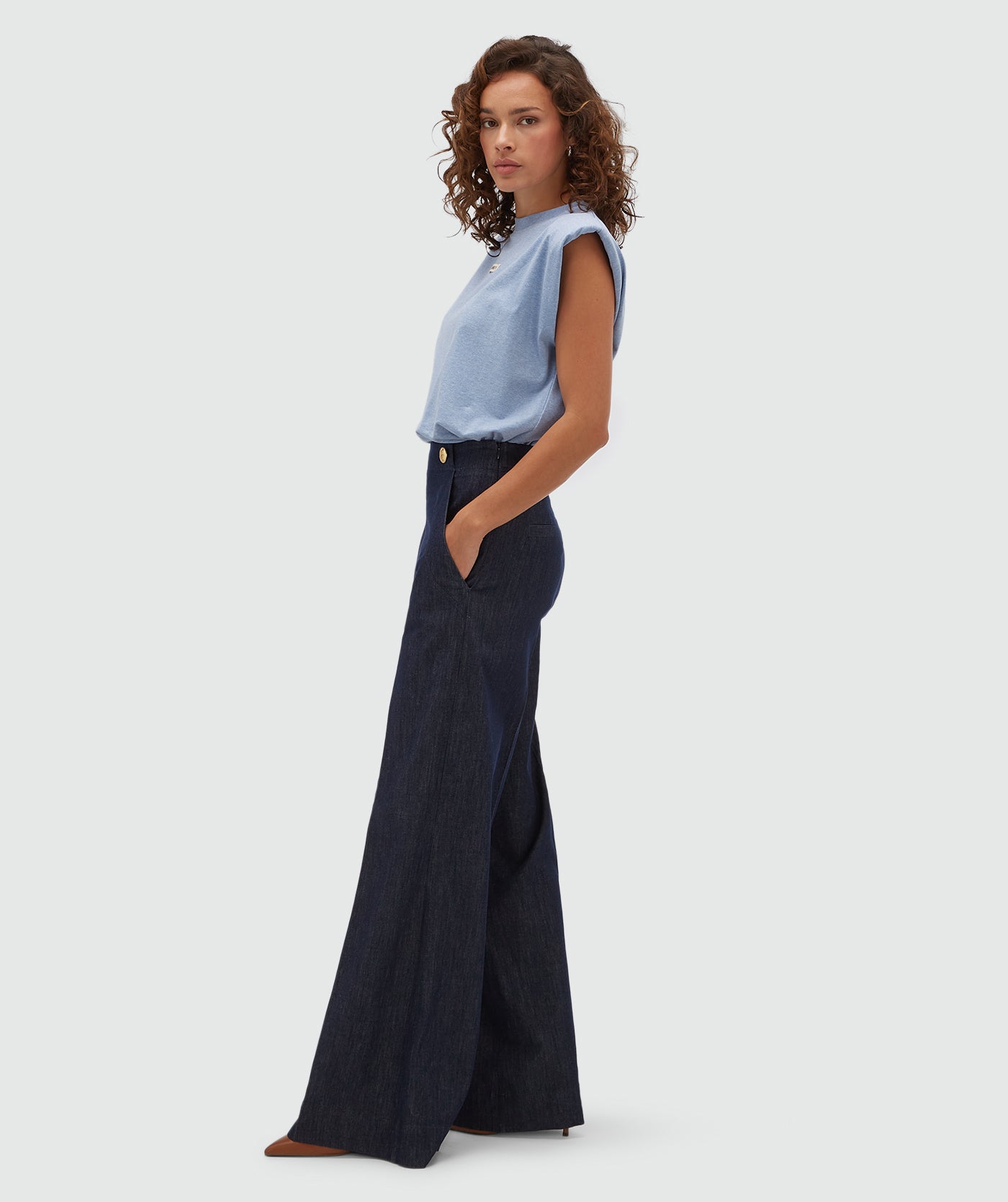 Pantalon taille haute jambe large INDRA- chambray bleu foncé