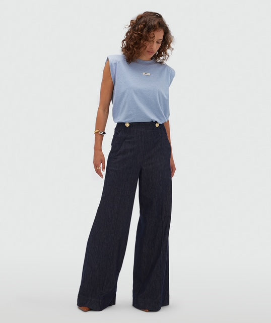 Pantalon taille haute jambe large INDRA- chambray bleu foncé