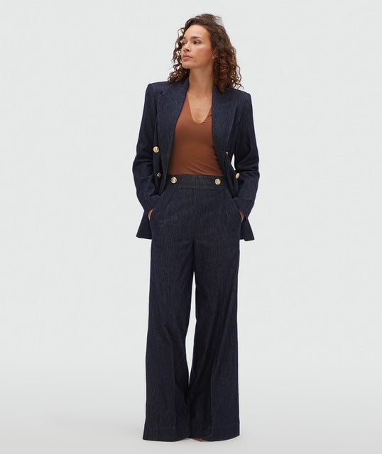 Pantalon taille haute jambe large INDRA- chambray bleu foncé