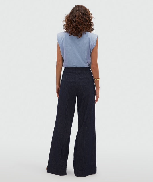 Pantalon taille haute jambe large INDRA- chambray bleu foncé