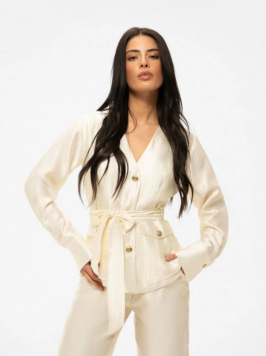 Chemisier ceinture pailleté PORLAMAR - Crème