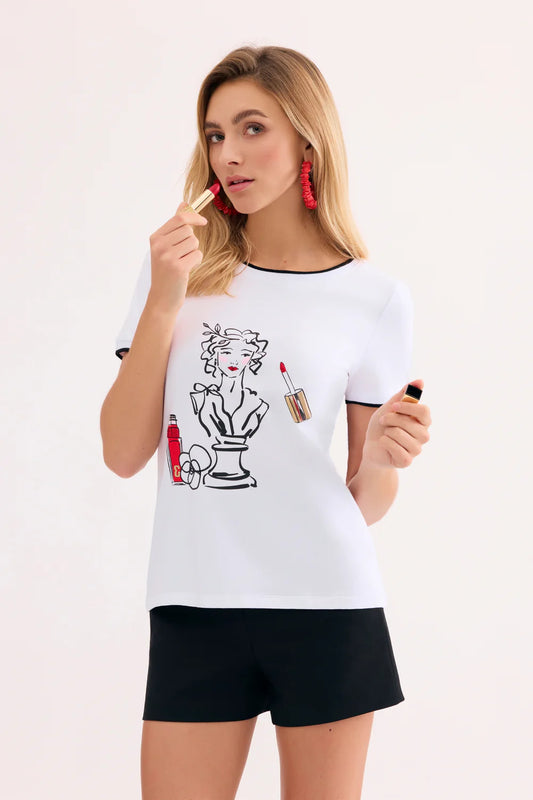 T-shirt imprimé visage artistique SOFIA - Blanc