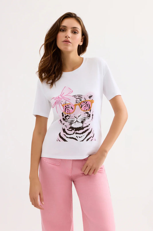 T-shirt tigre fantaisie à strass MIRSA - Blanc