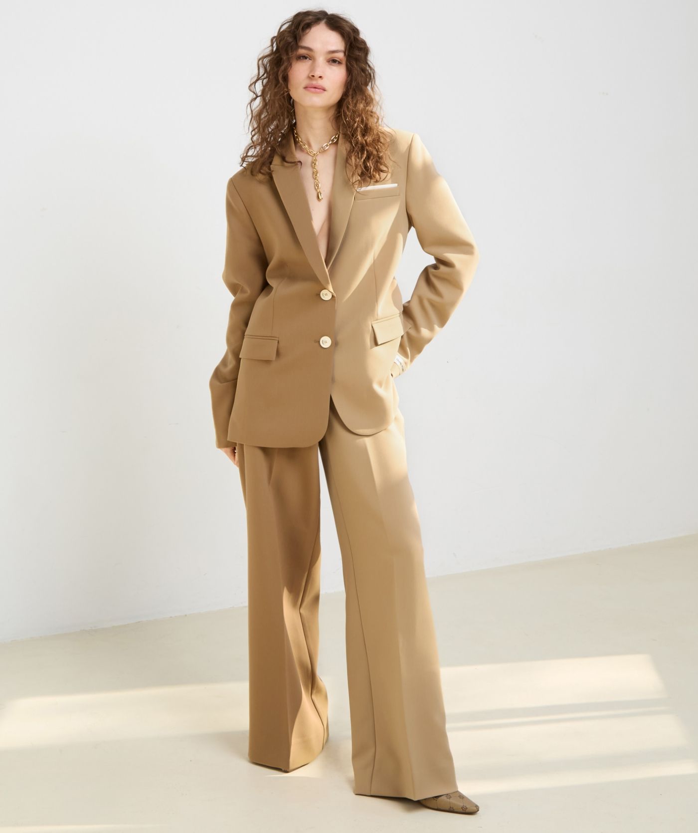 Pantalon bicolore à taille moyenne à jambes larges EMMA - chameau léger kaki