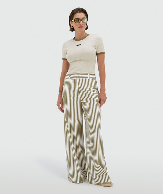 Pantalon taille mi-haute à jambes larges ODESSA - pistache foncé et écru clair