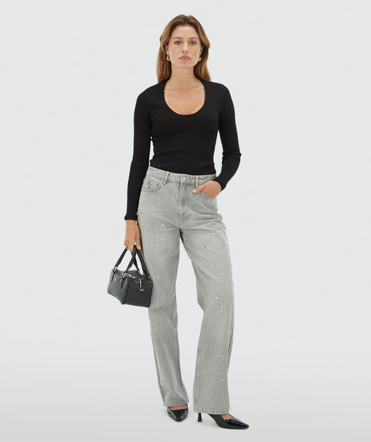 Jean taille mi-haute avec clous PHEBE - denim gris