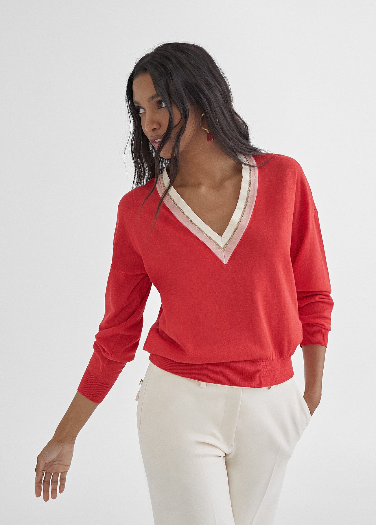 Pull col V - Rouge et blanc