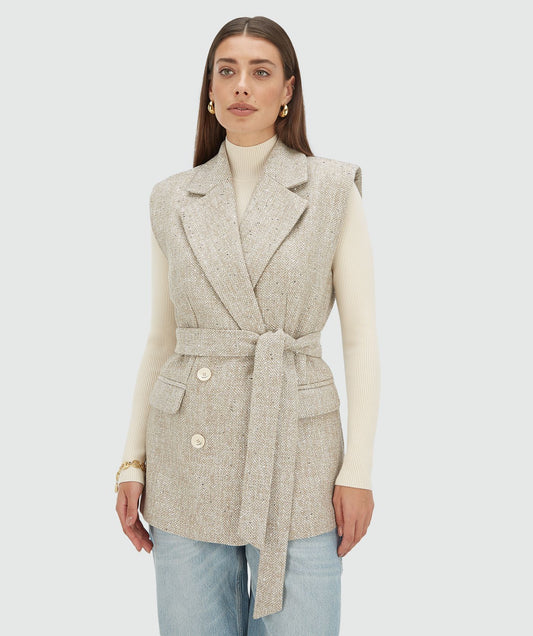 Gilet blazer à paillettes YARA - marron clair chiné